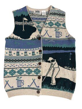 VTG Northern Reflections Golf Knit Cardigan Vest Size M 90s Country Club Sporty
